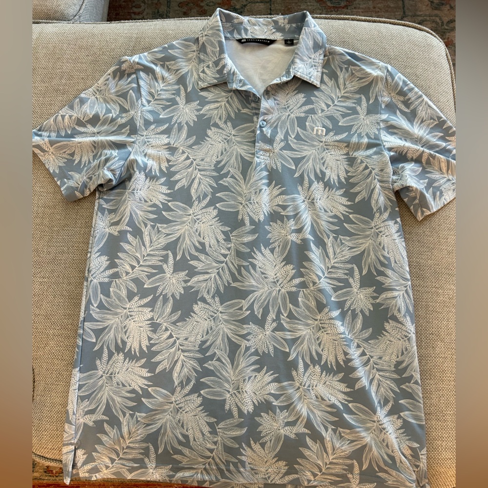 Travis Mathew Blue and White Leaf Print Shirt